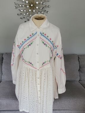 Anthropologie White Eyelet Midi Dress with Multicolor Floral Embroidery